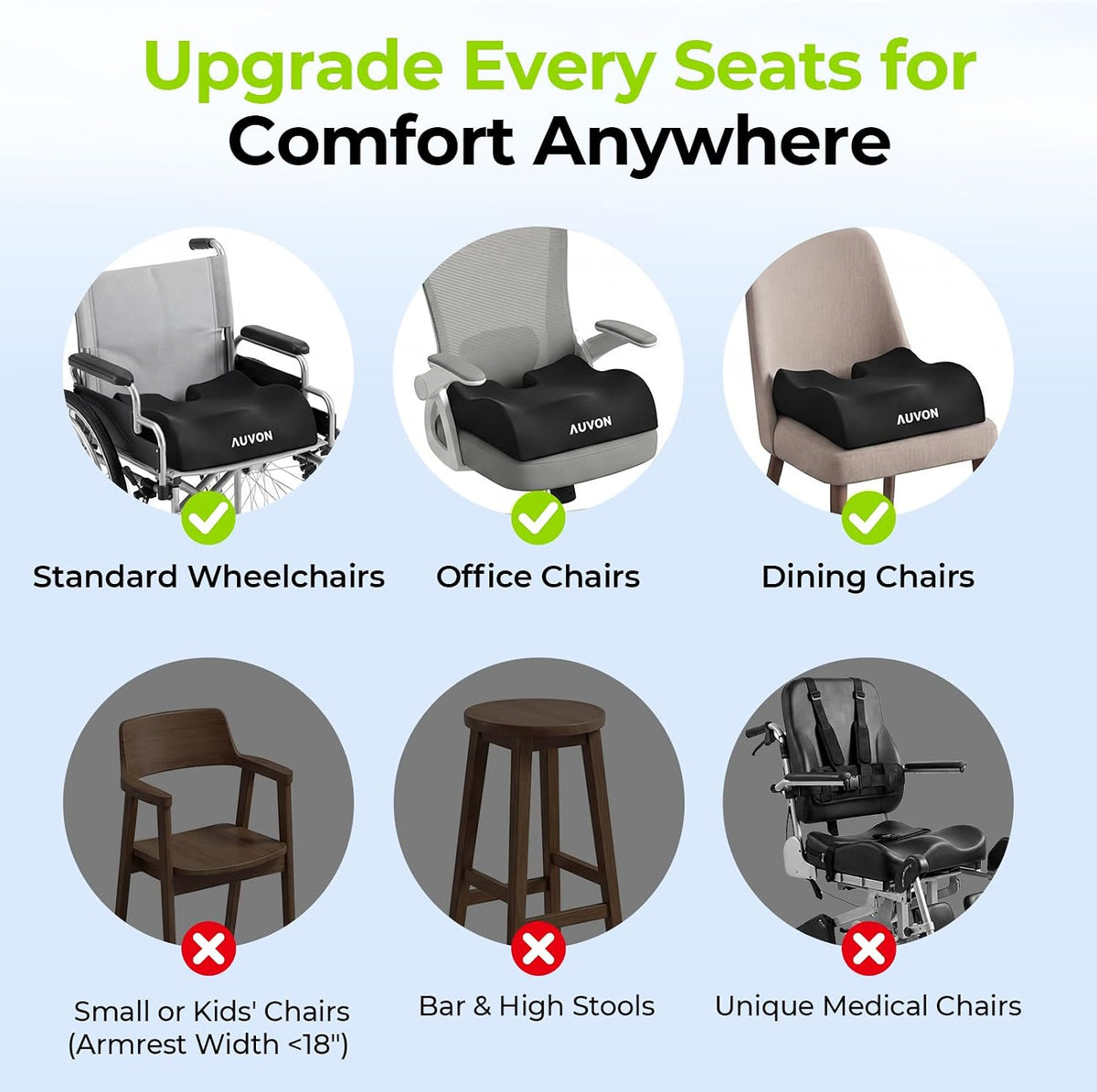 AUVON Anti-Slip Wheelchair Cushions with Front High Rear Low & Hump Design, Ergonomic Seat Cushion to Optimize Sitting Posture, Chair Cushions Relieve Sciatica, Back, Pressure Sore & Ulcer Pain
