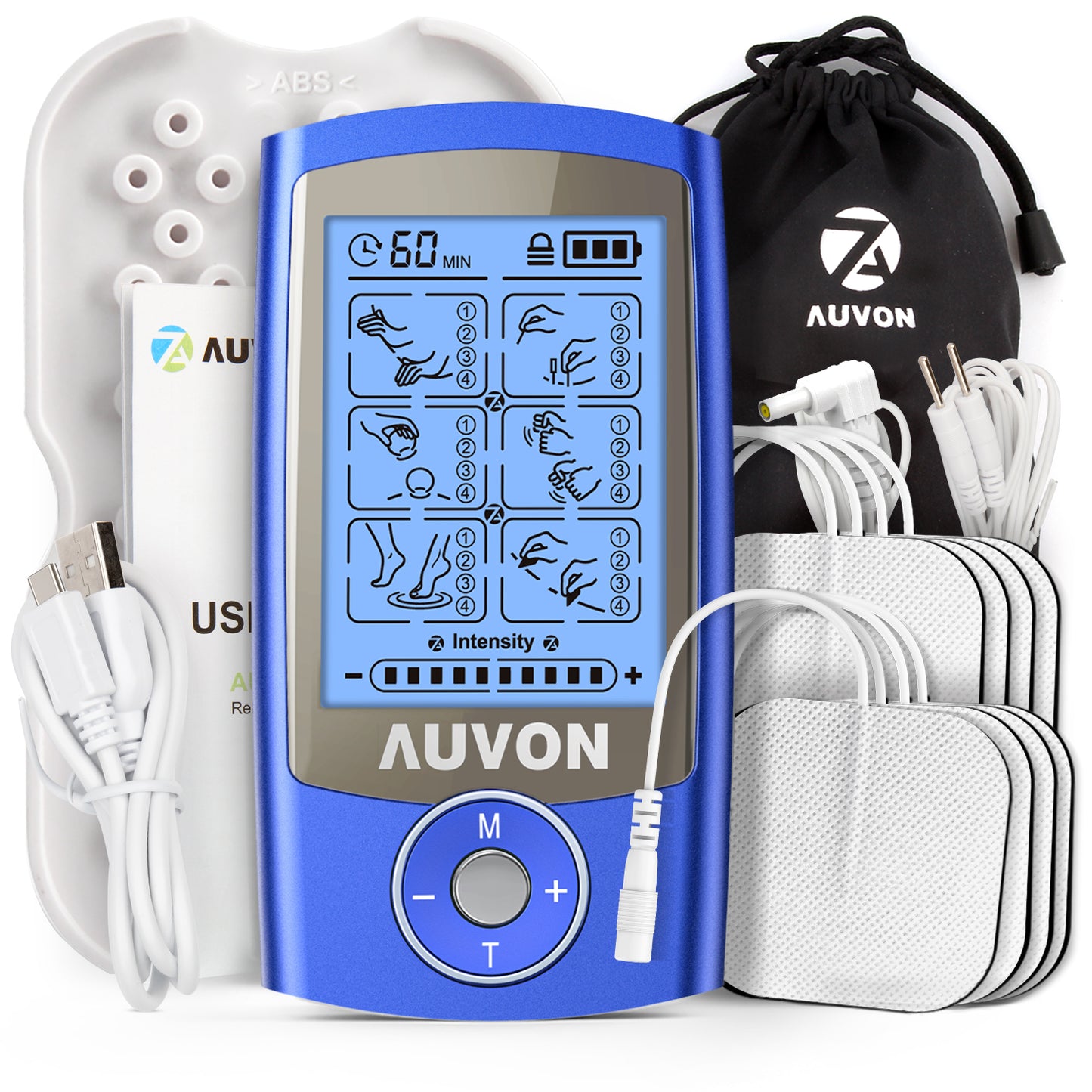 AUVON Rechargeable TENS Unit Muscle Stimulator, 24 Modes 4th Gen TENS Machine with 8pcs 2"x2" Premium Electrode Pads for Pain Relief