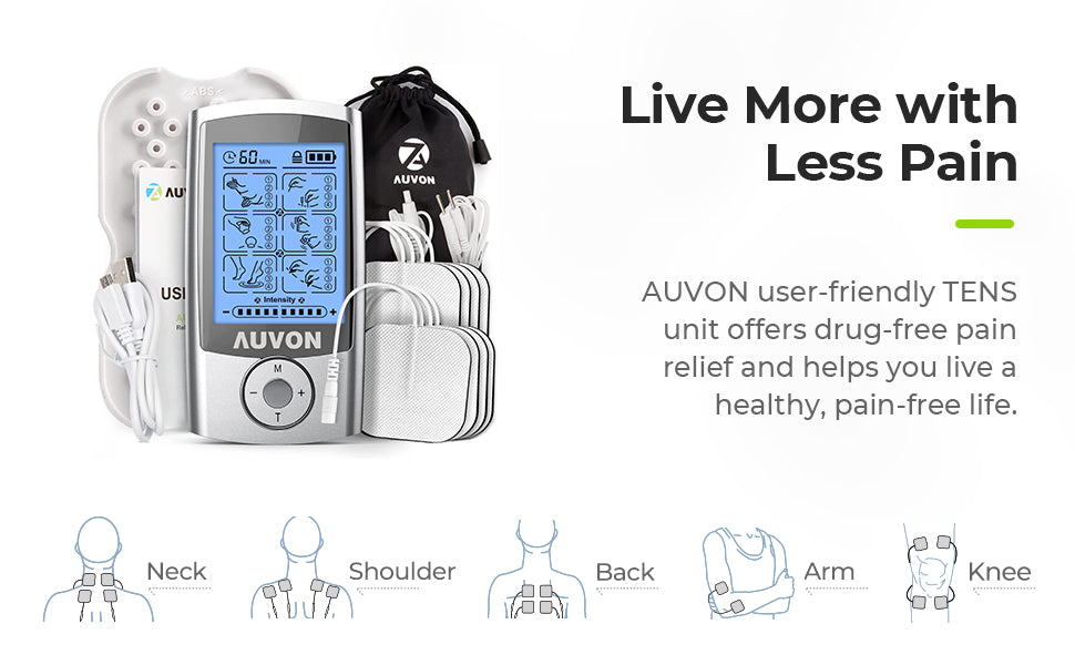  AUVON Dual Channel TENS Unit Muscle Stimulator (Family Pack),  20 Modes Rechargeable TENS Machine with Huge Pack of 24 Pcs Reusable TENS  Unit Electrode Pads (2x2 16pcs, 2x4 8pcs) : Health