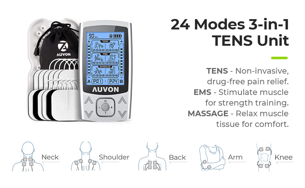 AUVON Dual Channel TENS Unit Muscle Stimulator Machine with 20 Modes, 2″  and 2″x4″ TENS Unit Electrode Pads – Green Physical Therapy and Wellness