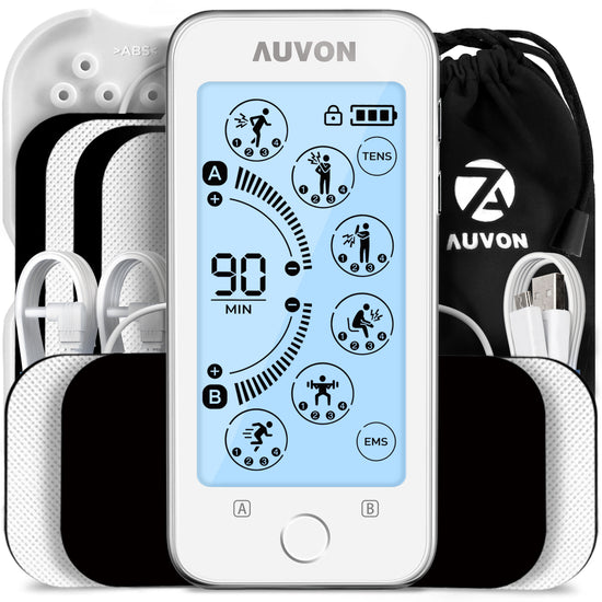 AUVON Touchscreen TENS Unit Muscle Stimulator for Pain Relief, 24 Modes Dual-Channel Rechargeable TENS Machine with 2 x Battery Life, Continuous Mode, Cable Tie, Pad Holder and 8 TENS Pads (White)