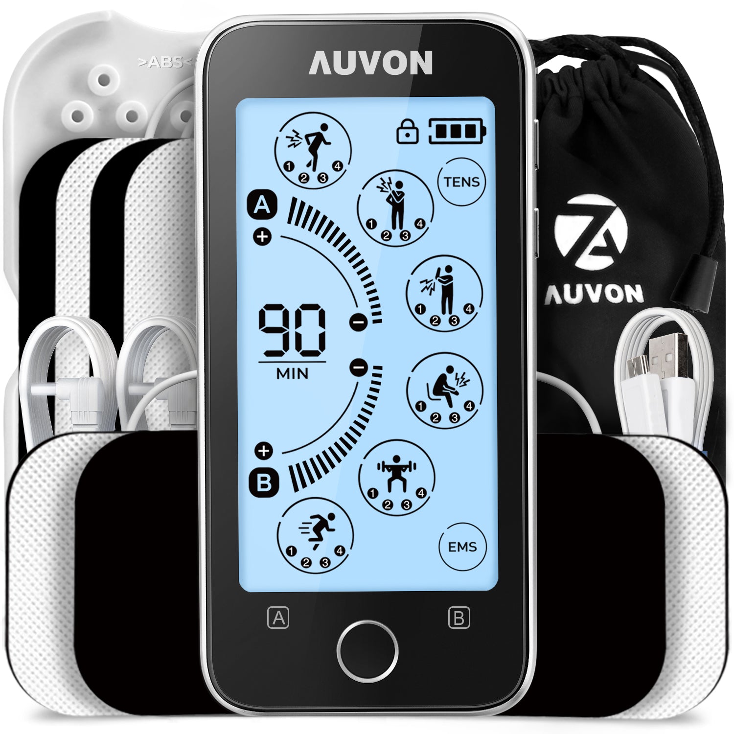 AUVON 24 Modes Dual Channel TENS Unit Muscle Stimulator with 2X Battery Life, Rechargeable TENS Machine for Pain Relief, Belt Clip, Continuous Time Setting, Portable Bag, Cable Ties, 10 Electrode Pads