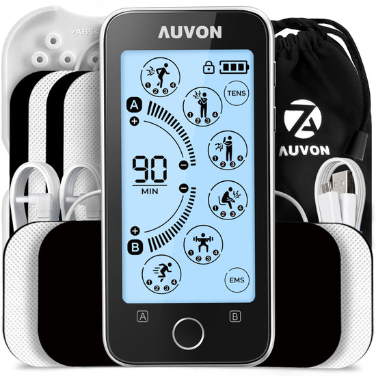 AUVON Touchscreen TENS Unit Muscle Stimulator, 24 Modes Dual Channel TENS Machine for Pain Relief Therapy, 2 x Battery Life, Continuous-Time Setting, Dust-Proof Bag, Cable Ties and 10 Electrode Pads