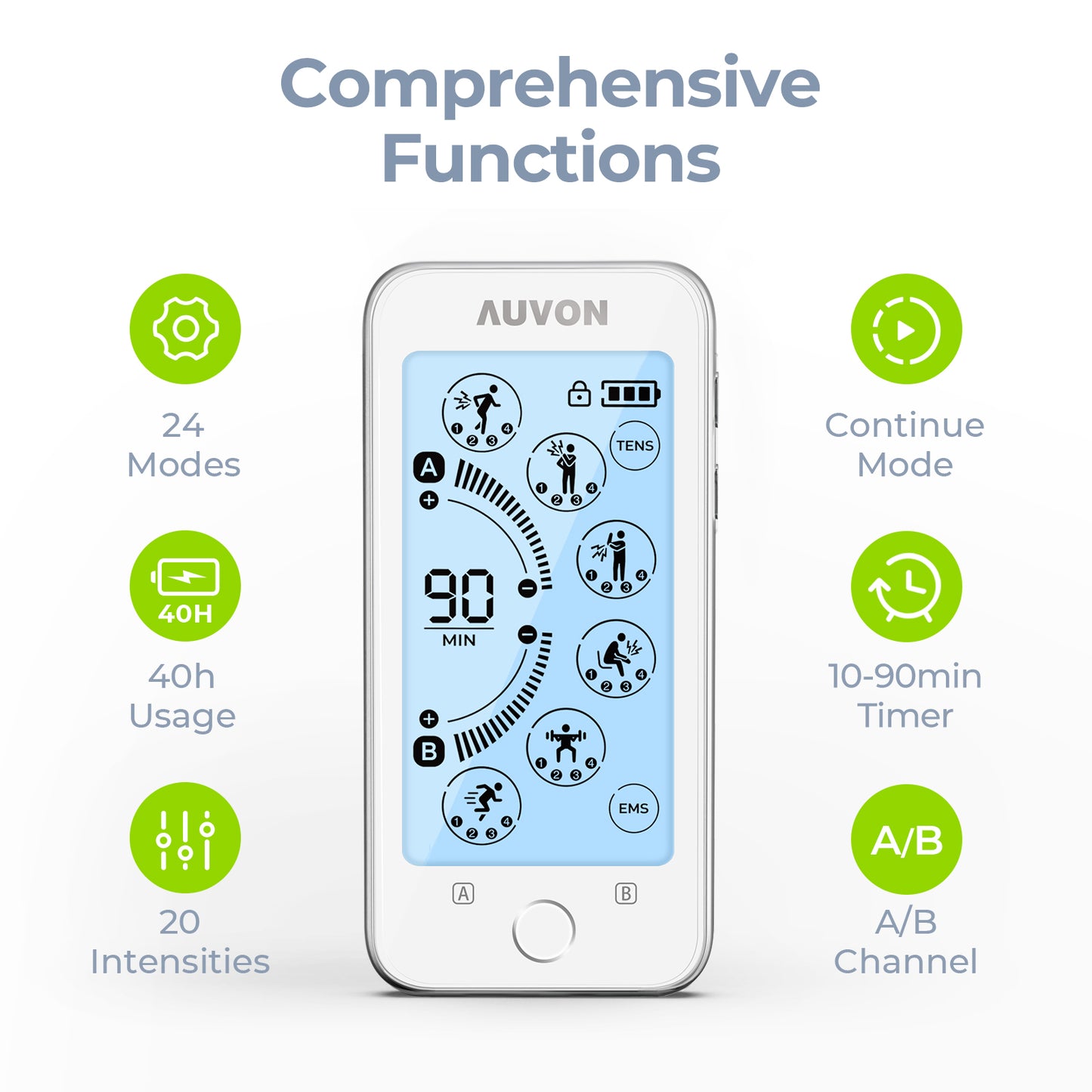 AUVON Touchscreen TENS Unit Muscle Stimulator for Pain Relief, 24 Modes Dual-Channel Rechargeable TENS Machine with 2 x Battery Life, Continuous Mode, Cable Tie, Pad Holder and 8 TENS Pads (White)