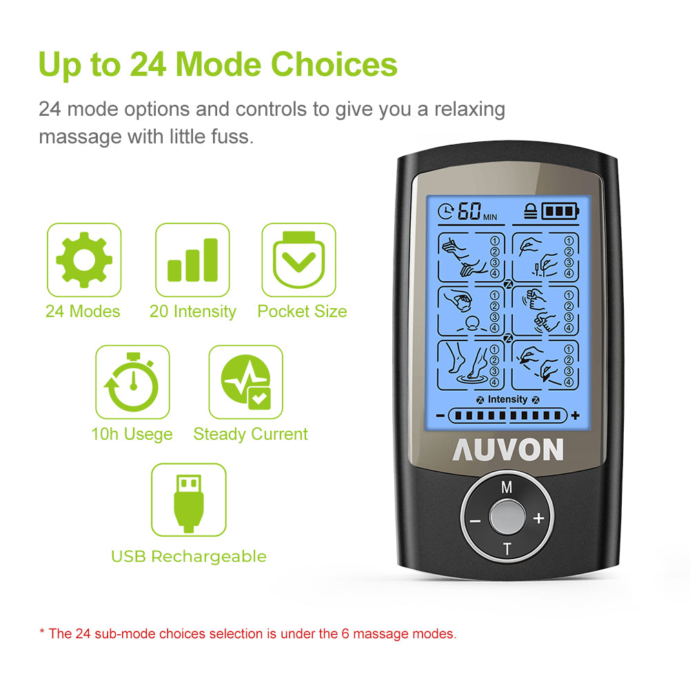 AUVON Rechargeable TENS Unit Muscle Stimulator, 24 Modes 4th Gen TENS Machine with 8pcs 2"x2" Premium Electrode Pads for Pain Relief