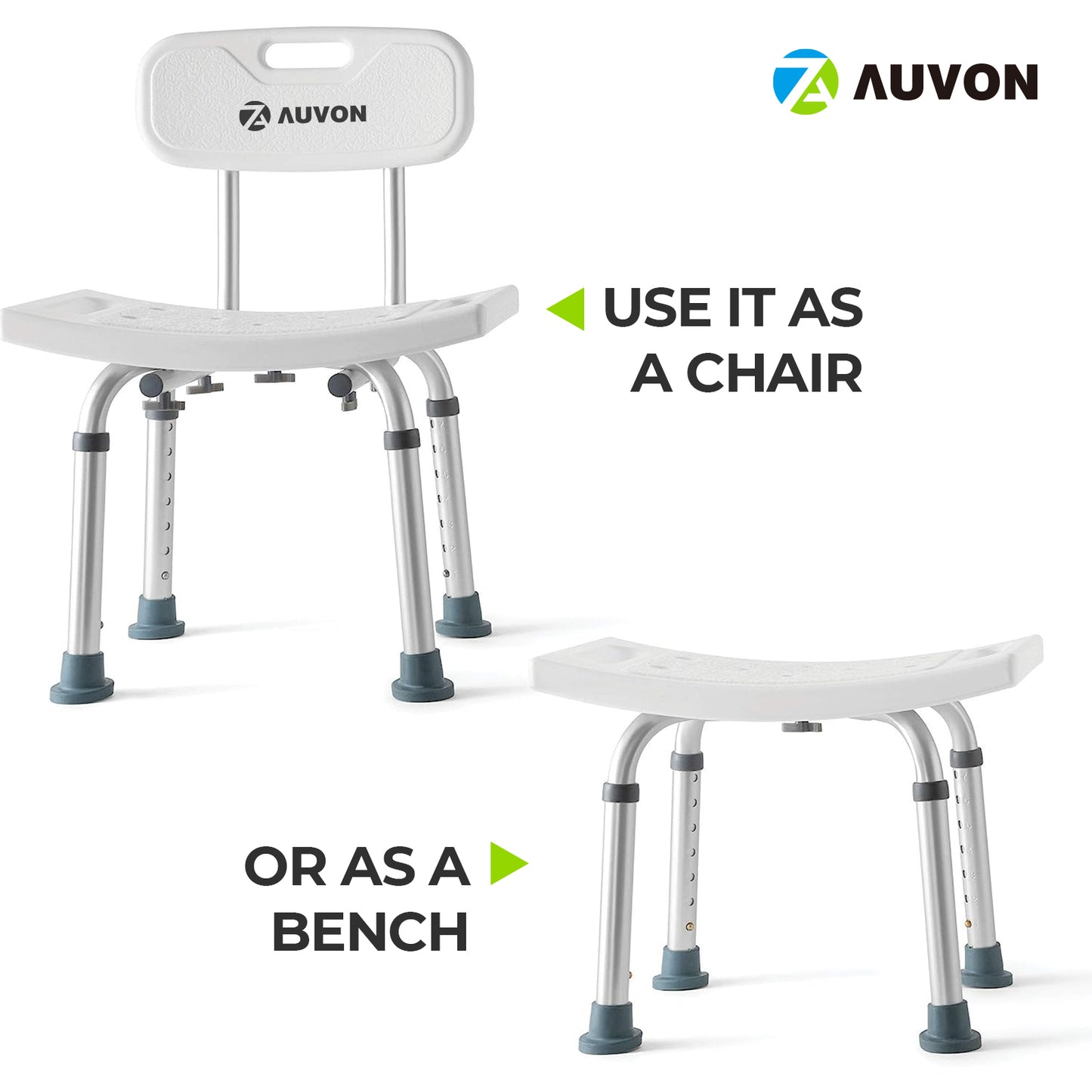 AUVON Shower Seats - Includes Back Scrubber & Additional Sponge - Anti Slip for Safety, with 8 Adjustable Heights Portable - Tool Free Shower Chair for Elderly - Bath Chair for Elderly