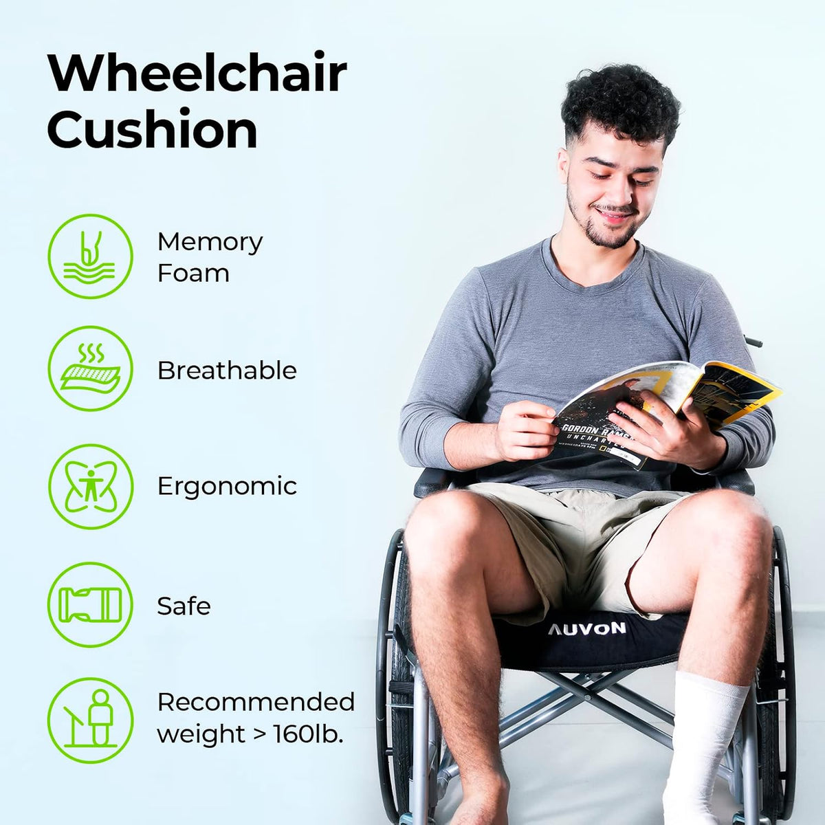 AUVON Wheelchair Seat Cushions for Sciatica, Back, Coccyx, Pressure Sore and Ulcer Pain Relief, Memory Foam Pressure Relief Cushion with Removable Strap, Breathable & Waterproof Fabric