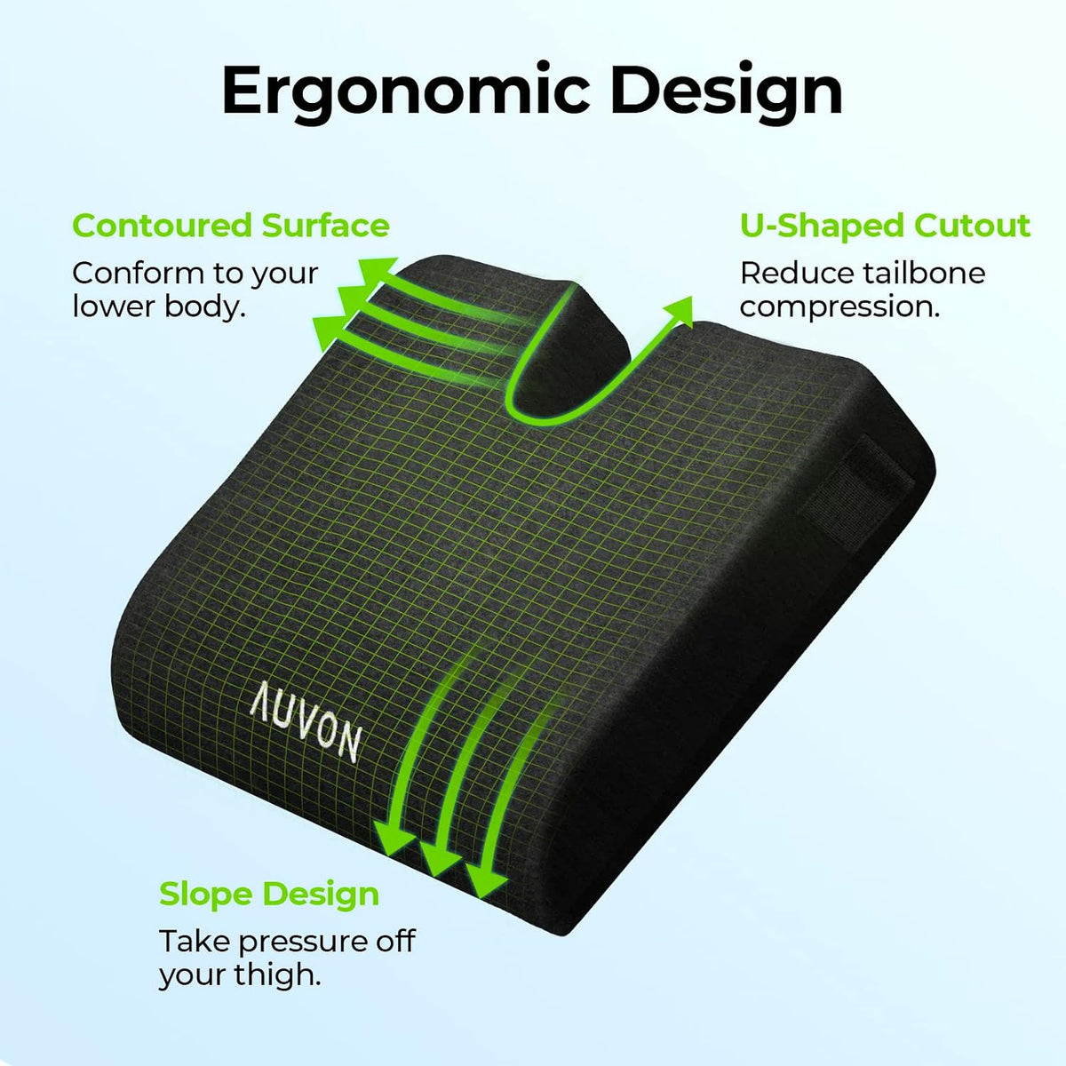 AUVON Wheelchair Seat Cushions for Sciatica, Back, Coccyx, Pressure Sore and Ulcer Pain Relief, Memory Foam Pressure Relief Cushion with Removable Strap, Breathable & Waterproof Fabric