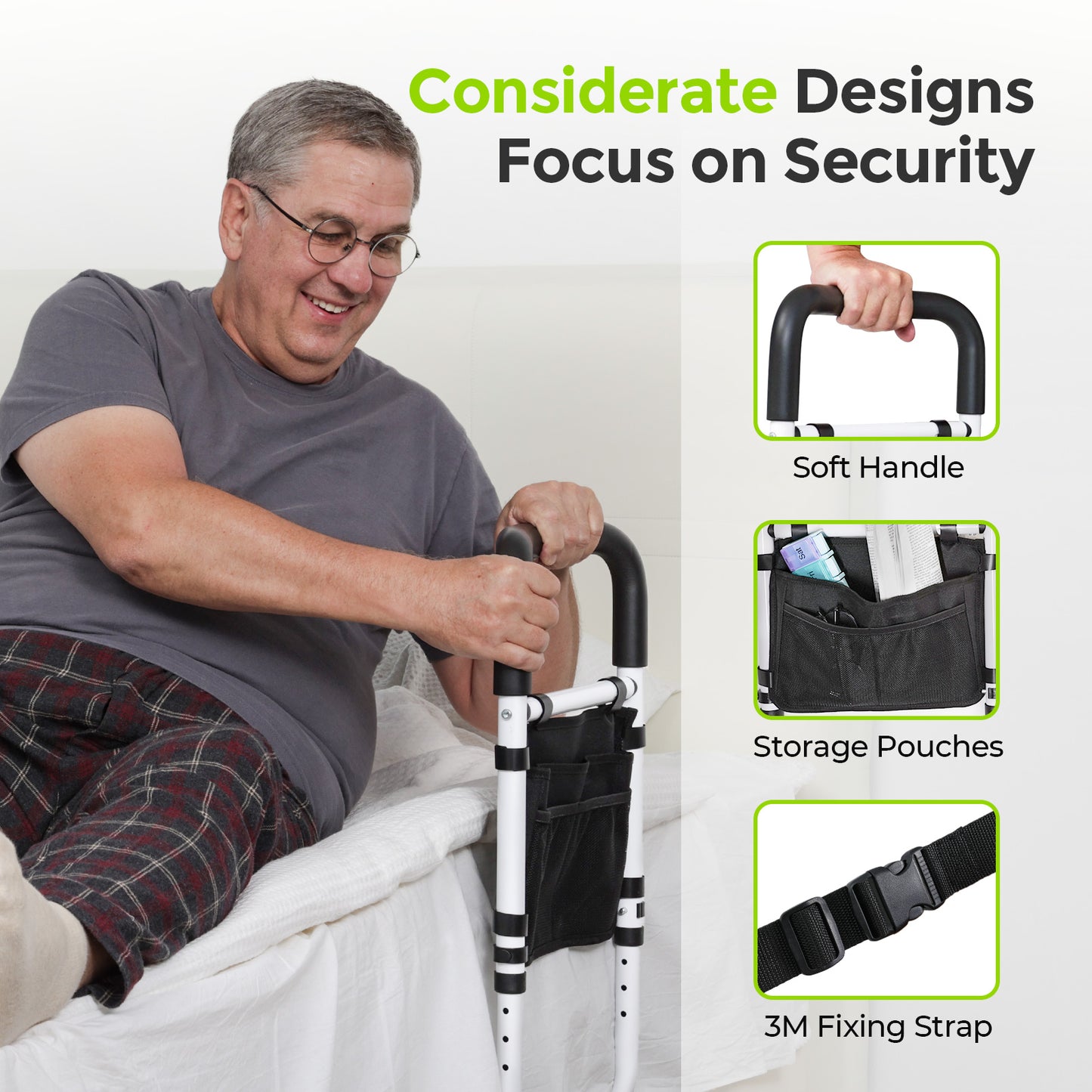 AUVON Bed Rails for Elderly Adults Safety, Adjustable Bed Assist Rail with Ultra-high Handle & Double Crossbeam Design, Storage-Pocket Bed Guard Ensures Seniors Get in or Out of Bed Safely