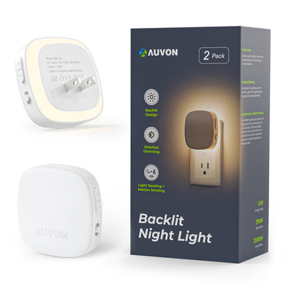 Veilleuse LED AUVON enfichable avec capteur de mouvement et capteur crépusculaire, veilleuse à intensité variable blanc chaud avec luminosité réglable de 1 à 50 lm pour salle de bain, chambre à coucher, couloir, escaliers (lot de 2)