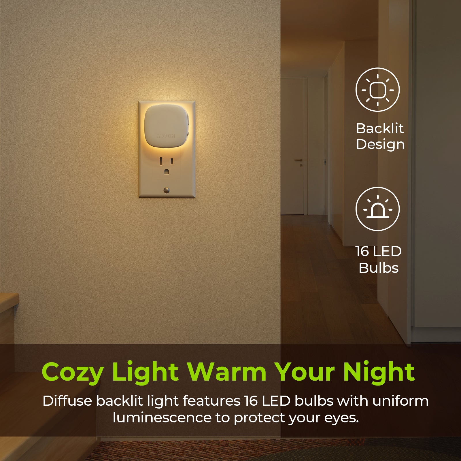 AUVON Plug-in LED Backlit Night Light with Motion Sensor & Dusk to Daw