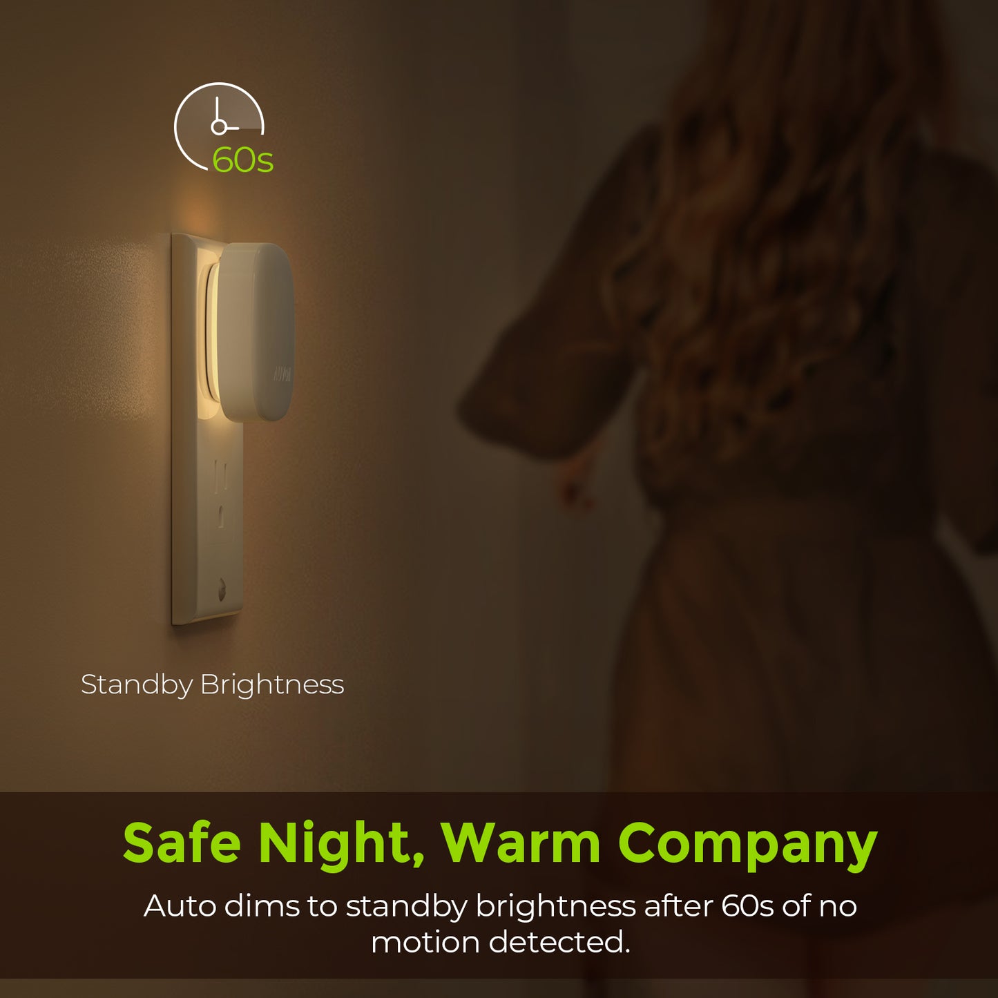 AUVON Plug-in LED Backlit Night Light with Motion Sensor & Dusk to Dawn Sensor, Dimmable Warm White Nightlight with 1-50 lm Adjustable Brightness for Bathroom, Bedroom, Hallway, Stairs (2 Pack)