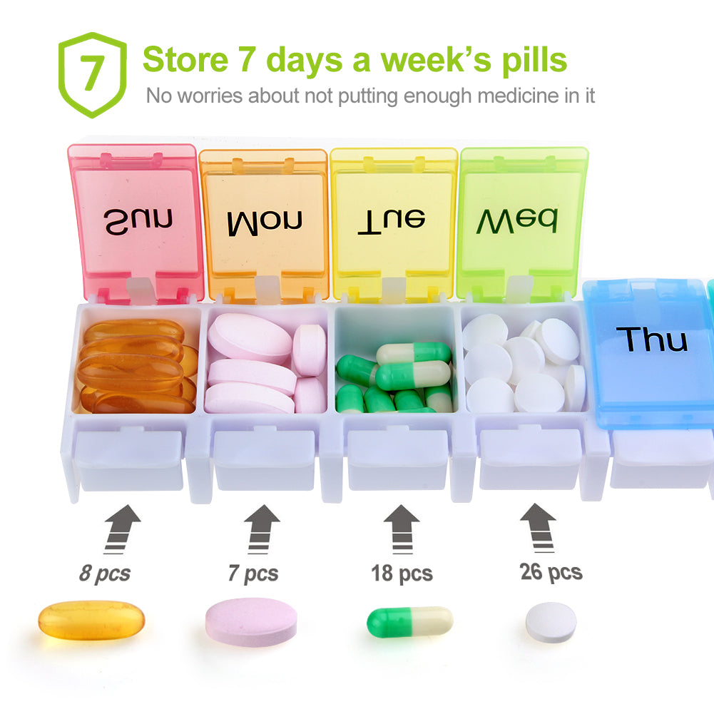 AUVON Weekly Pill Organizer Arthritis Friendly, BPA Free Travel 7 Day Pill Box Case with Spring Open Design and Large Compartment to Hold Vitamins, Cod Liver Oil, Supplements and Medication