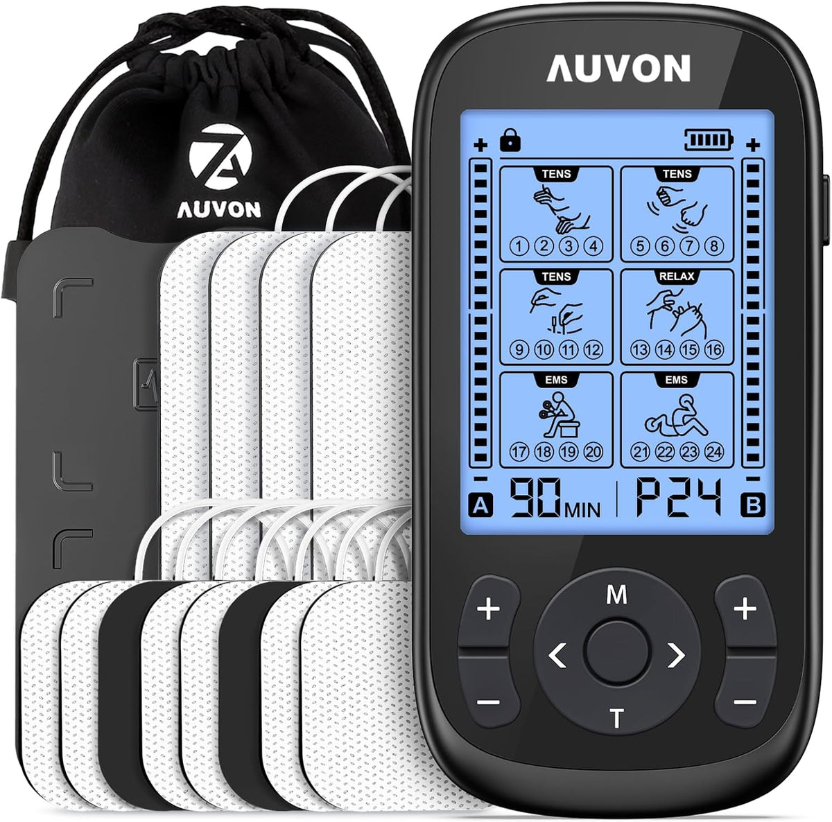 AUVON 3-in-1 TENS Unit Muscle Stimulator, 40 Levels for Gradual Pain Relief EMS Massage Machine, Drug-Free for Shoulder, Sciatica, Back Pain Relief, 24 Modes Electronic Pulse Massager, 12 TENS Pads