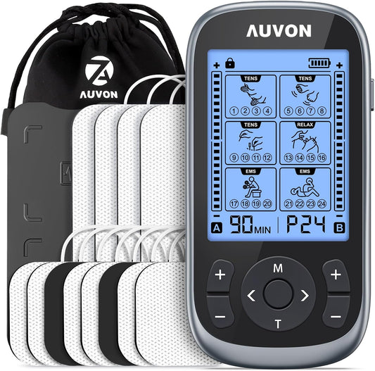AUVON 3-in-1 TENS Unit Muscle Stimulator, 40 Levels for Gradual Pain Relief EMS Massage Machine, Drug-Free for Shoulder, Sciatica, Back Pain Relief, 24 Modes Electronic Pulse Massager, 12 TENS Pads