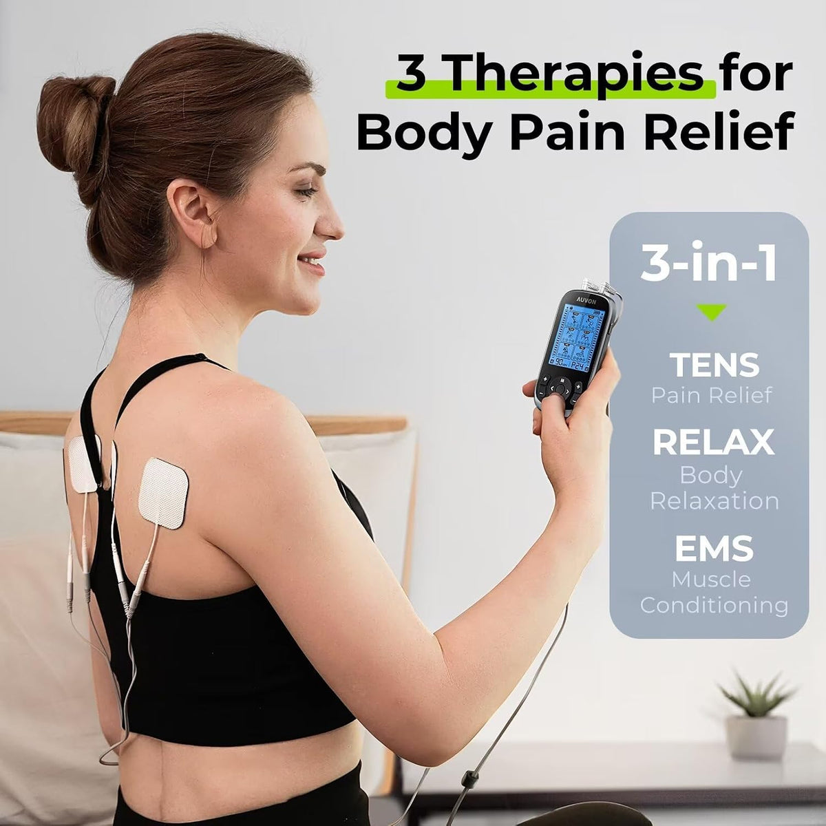 AUVON 3-in-1 TENS Unit Muscle Stimulator, 40 Levels for Gradual Pain Relief EMS Massage Machine, Drug-Free for Shoulder, Sciatica, Back Pain Relief, 24 Modes Electronic Pulse Massager, 12 TENS Pads