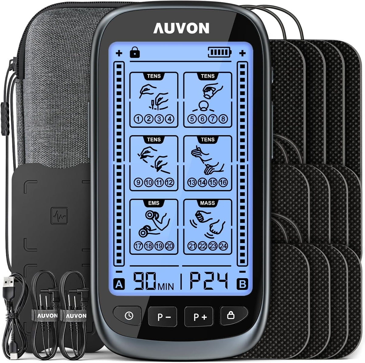 AUVON 3-in-1 TENS Unit Muscle Stimulator for Pain Relief, Large Screen EMS Massager Machine with 30 Levels for Gradual Back, Shoulder, Sciatica Pain Relief, 24 Modes, 12 Pads, EVA Travel Case