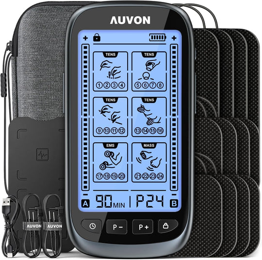 AUVON 3-in-1 TENS Unit Muscle Stimulator for Pain Relief, Large Screen EMS Massager Machine with 30 Levels for Gradual Back, Shoulder, Sciatica Pain Relief, 24 Modes, 12 Pads, EVA Travel Case