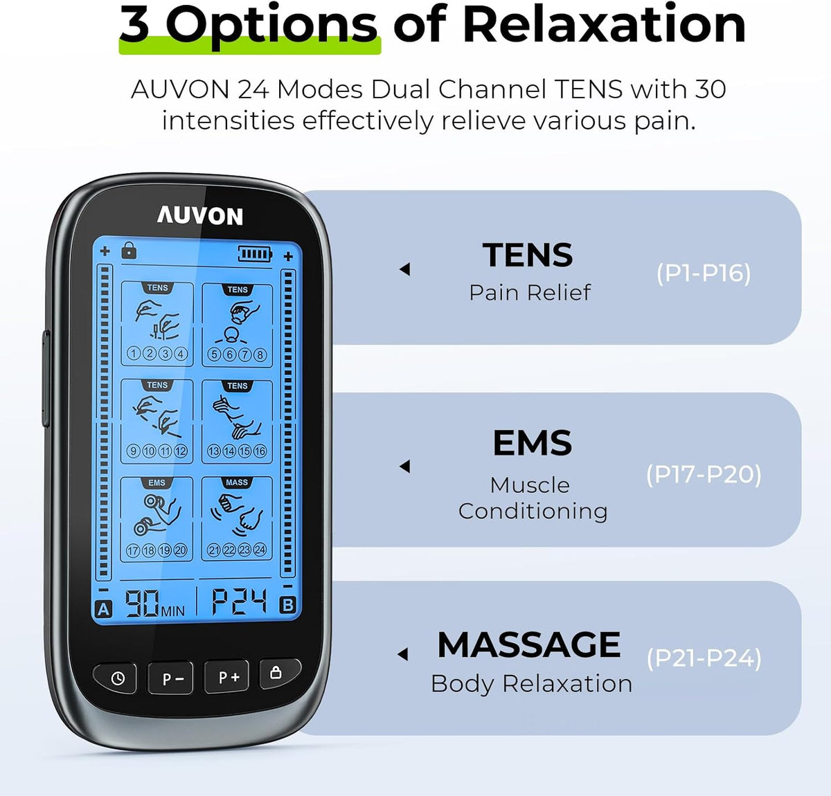AUVON 3-in-1 TENS Unit Muscle Stimulator for Pain Relief, Large Screen EMS Massager Machine with 30 Levels for Gradual Back, Shoulder, Sciatica Pain Relief, 24 Modes, 12 Pads, EVA Travel Case