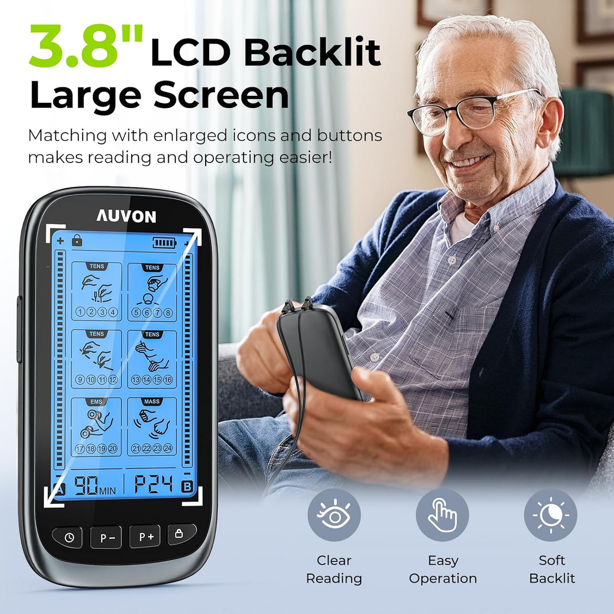 AUVON 3-in-1 TENS Unit Muscle Stimulator for Pain Relief, Large Screen EMS Massager Machine with 30 Levels for Gradual Back, Shoulder, Sciatica Pain Relief, 24 Modes, 12 Pads, EVA Travel Case