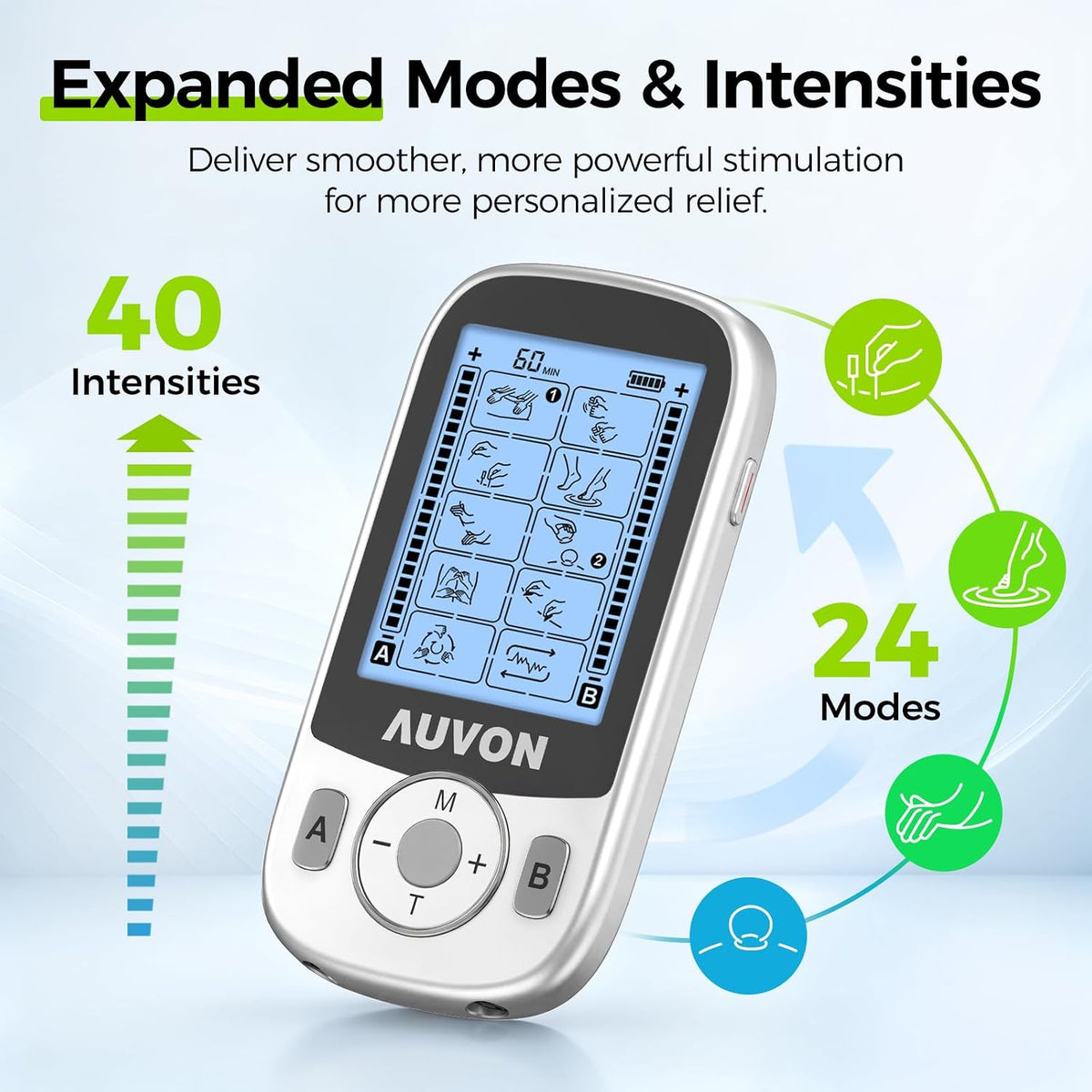 AUVON 24 Modes Dual Channel TENS Unit Muscle Stimulator for Pain Relief TENS Machine with 40 Intensities for Drug-Free Gradual Neck, Back, Sciatica Relief, Electronic Pulse Massager, 12 TENS Pads