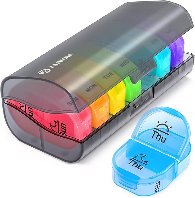 AUVON Pill Box 2 Times a Day, 7-Color for Easy Tracking, Dual Protection Weekly Pill Organizer AM PM with 7 Daily Pocket Case to Hold Vitamin, Medicine, Medication, and Supplement, BPA-free