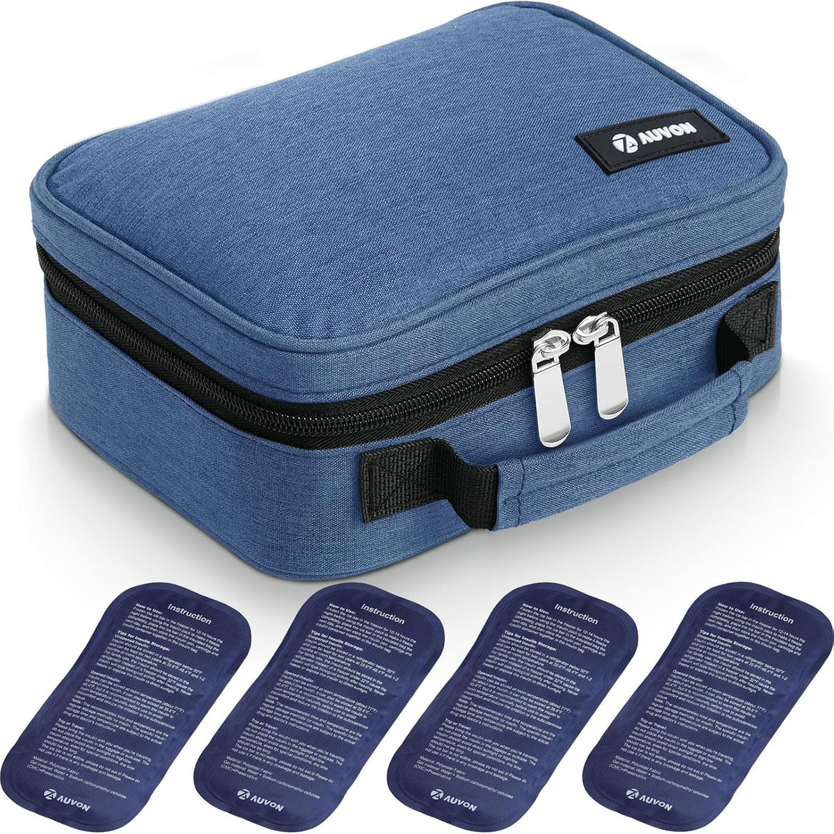 AUVON Large Insulin Cooler Travel Case, 4×160g for Longer Cooling Effect TSA-Approved Ice Packs, Medication Cooler for Travel Holds 8 Insulin Pens & Diabetic Supplies, Portable Handle for Daily Use