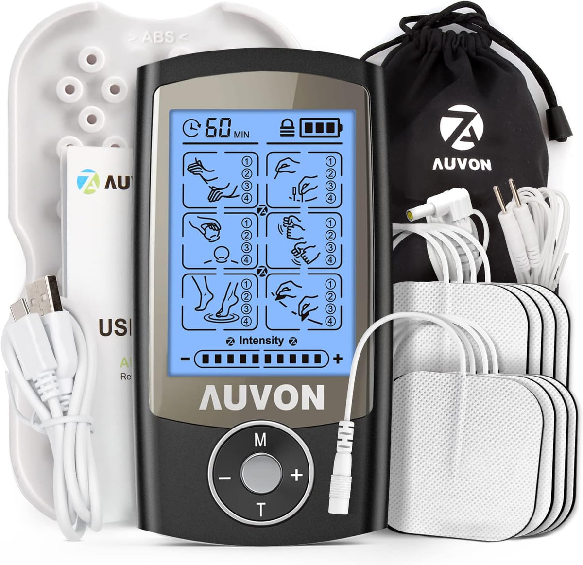 AUVON 24 Modes TENS Unit Muscle Stimulator for Pain Relief, Premium Pads Rechargeable TENS Machine, Drug-Free Pain Relief for Shoulder, Lower Back, Muscle, Physical Therapy, 8pcs Electrode Pads