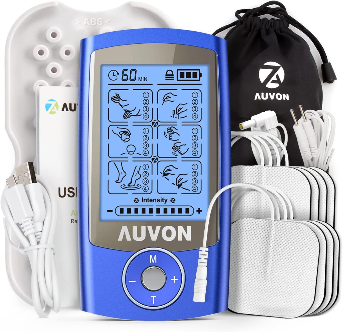 AUVON 24 Modes TENS Unit Muscle Stimulator for Pain Relief, Premium Pads Rechargeable TENS Machine, Drug-Free Pain Relief for Shoulder, Lower Back, Muscle, Physical Therapy, 8pcs Electrode Pads