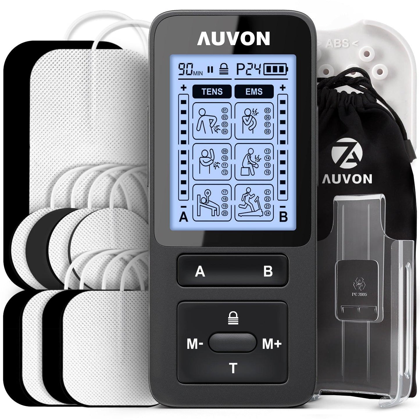 AUVON 24 Modes Dual Channel TENS Unit Muscle Stimulator with 2X Battery Life, Rechargeable TENS Machine for Pain Relief, Belt Clip, Continuous Time Setting, Portable Bag, Cable Ties, 10 Electrode Pads - AUVON