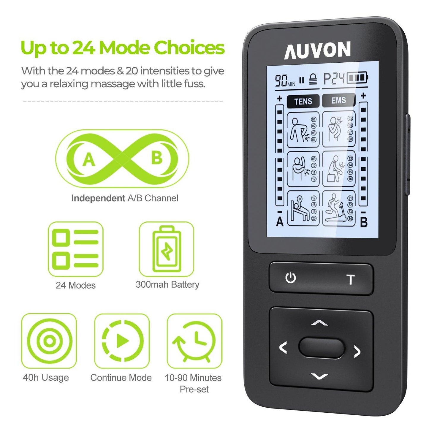 AUVON 24 Modes TENS Unit Muscle Stimulator for Pain Relief, Rechargeable TENS Machine with 2X Battery Life, Belt Clip, Continuous Time Setting, Dust-Proof Bag, Cable Ties and 10 Electrode Pads - AUVON
