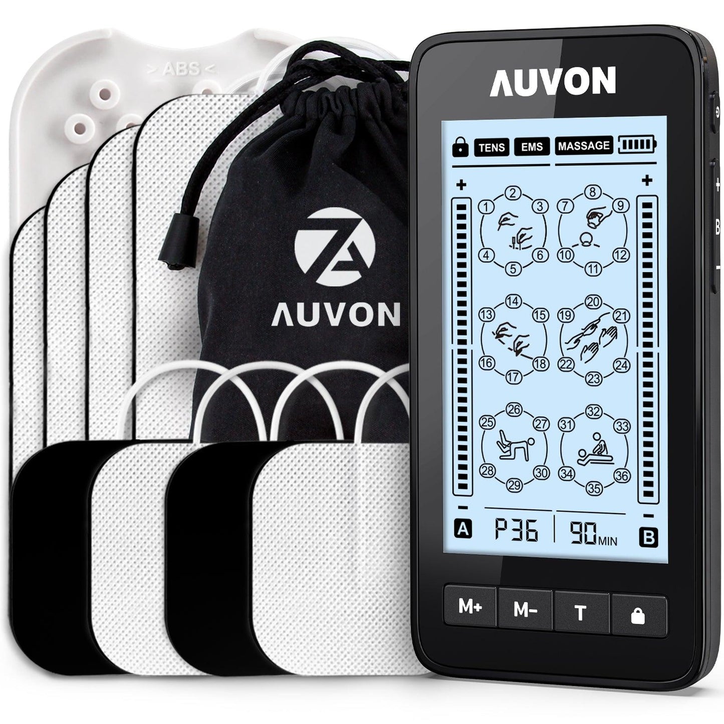 AUVON 36 Modes TENS Unit Muscle Stimulator, Dual Channel TENS EMS Massage Unit, Large Screen Rechargeable TENS Machine for Pain Relief with 2 X Battery Life, Upgraded Leads and TENS Electrode Pads - AUVON