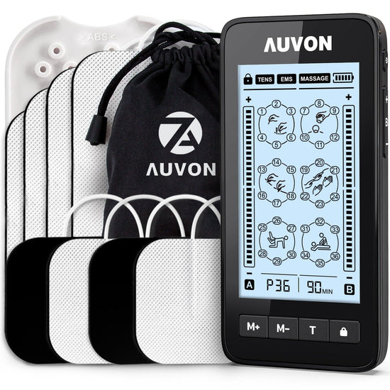AUVON Unidad TENS recargable estimulador muscular, 24 modos de 4ª  generación TENS máquina con 8 almohadillas de electrodo premium de 2 x 2  pulgadas