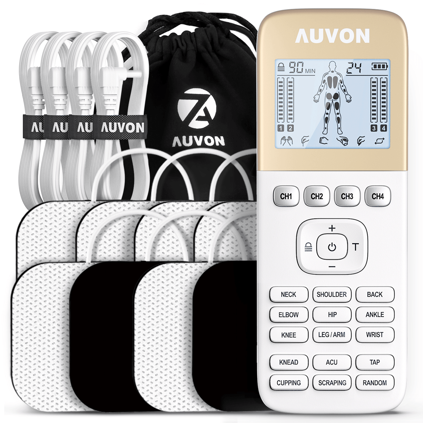 AUVON 4 Outputs TENS Unit EMS Muscle Stimulator Machine for Pain Relief  Therapy with 24 Modes Electric Pulse Massager, 2 and 2x4 Electrodes Pads  (Black) A-black