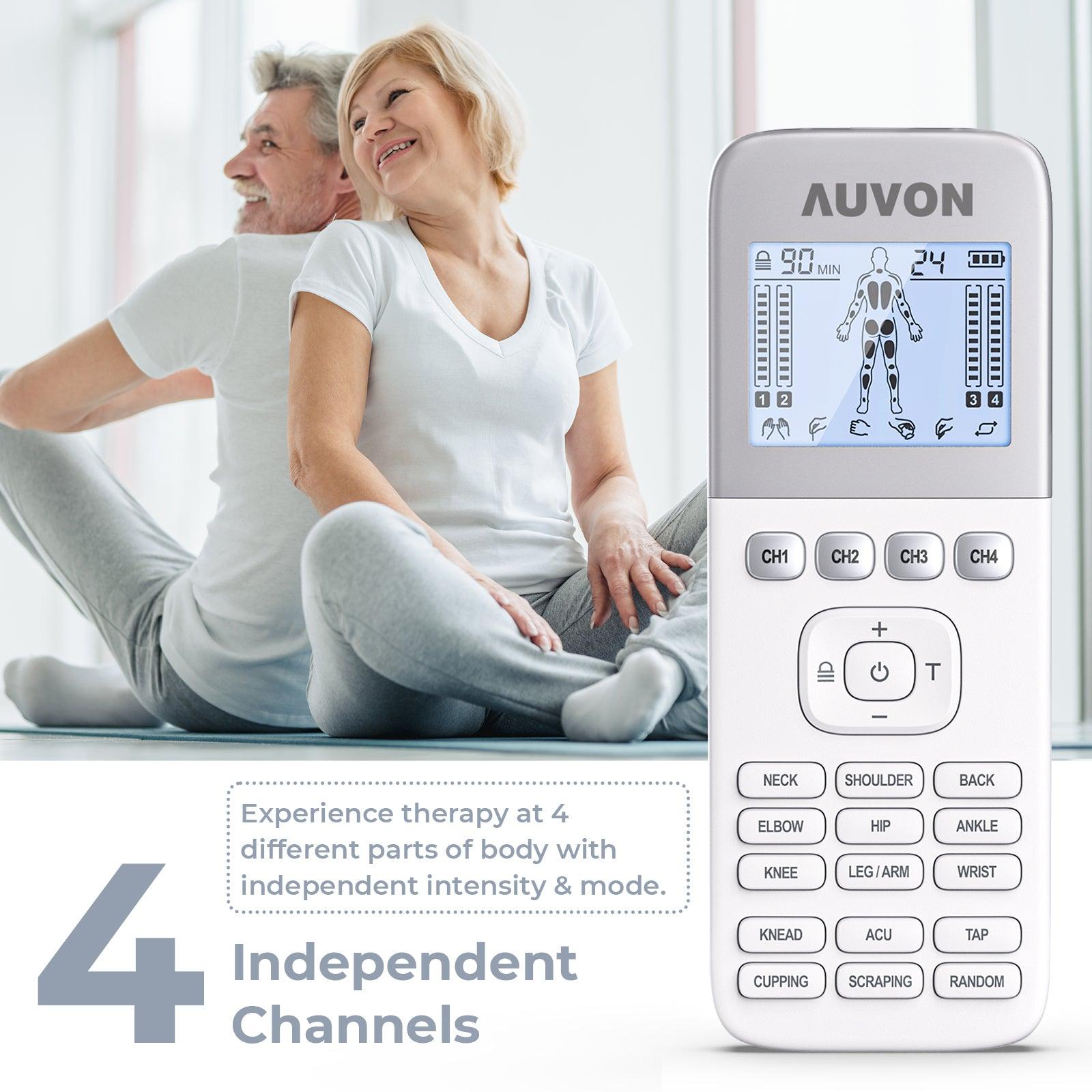 AUVON 4 Outputs H1 TENS Unit 24 Modes Muscle Stimulator for Pain Relief, Rechargeable TENS EMS Machine with Easy-to-Select Button Design, 2X Battery Life, Dust-Proof Bag and 8 Electrode Pads - AUVON