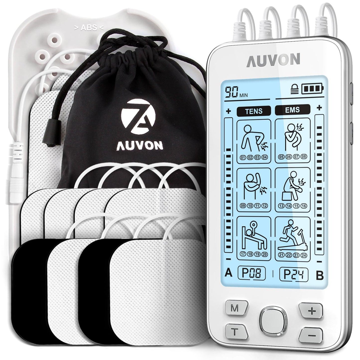 AUVON 4 Outputs TENS Unit EMS Muscle Stimulator Machine for Pain Relief Therapy with 24 Modes Electric Pulse Massager, 2" and 2"x4" Electrodes Pads - AUVON