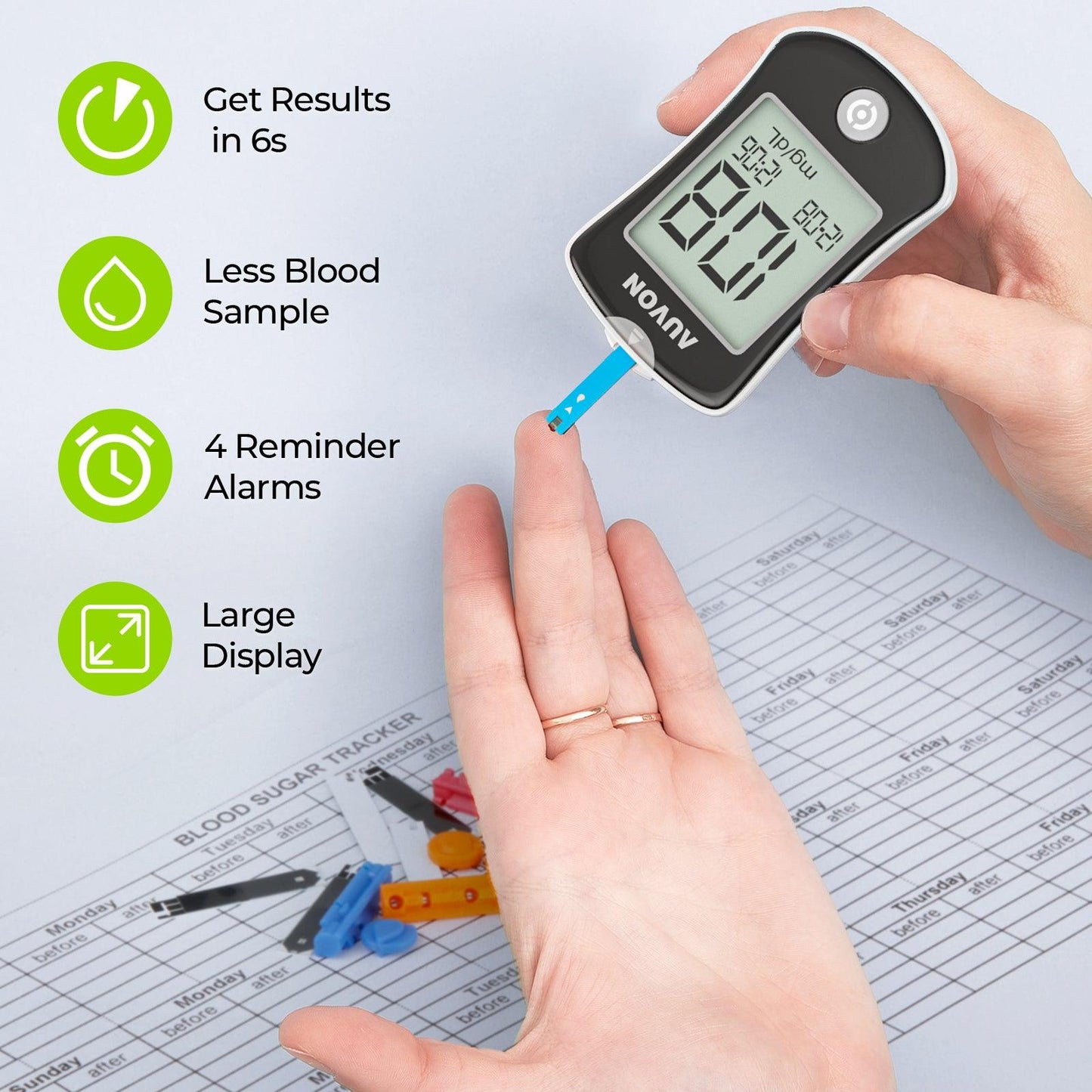 AUVON Blood Glucose Monitor Kit for Accurate Test, Diabetes Testing Kit with 100 Glucometer Strips, 100 30G Lancets and Lancing Devices, I-QARE DS-W Portable Blood Sugar Test Kit, No Coding Required - AUVON