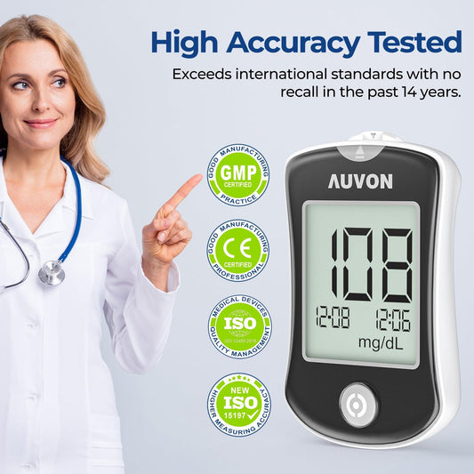 AUVON Blood Glucose Monitor Kit for Accurate Test, Diabetes Testing Kit with 100 Glucometer Strips, 100 30G Lancets and Lancing Devices, I-QARE DS-W Portable Blood Sugar Test Kit, No Coding Required - AUVON
