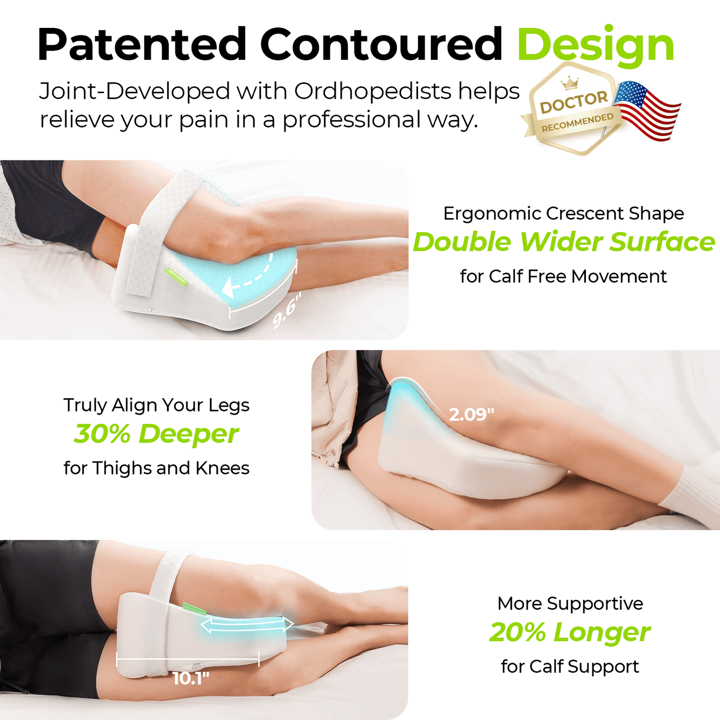 AUVON Contoured Knee Pillow for Side Sleepers Joint-developed with Physicians, Cooling Memory Foam Between Leg Pillow with Adjustable Strap for Spine Alignment, Pain Relief for Back, Hips, Knee Joints - AUVON