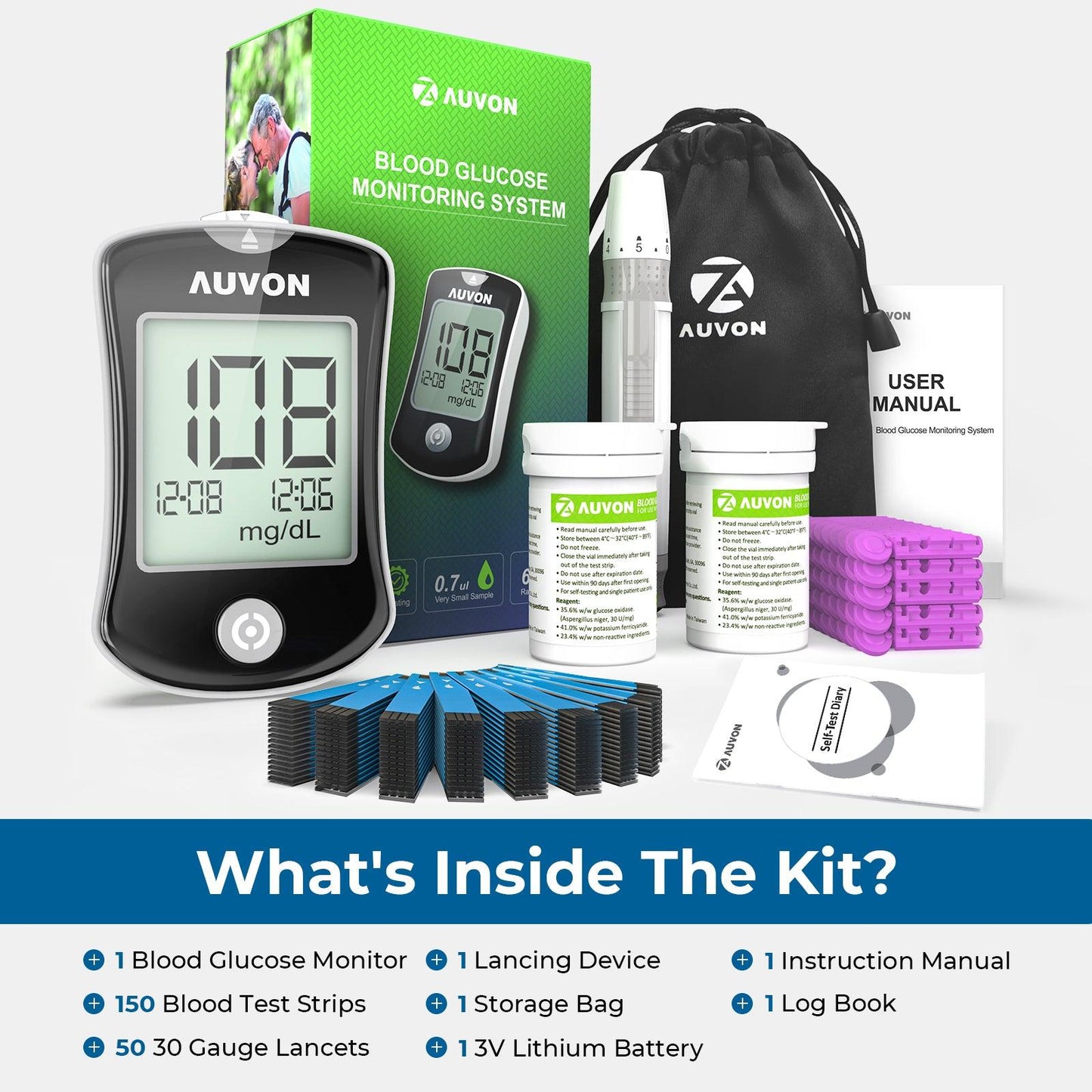 AUVON Diabetes Testing Kit with 150 Glucometer Strips and 50 30G Lancets, Blood Glucose Monitor Kit Includes a Log Book, I-QARE DS-W Blood Glucose Monitoring System (Code Free) - AUVON