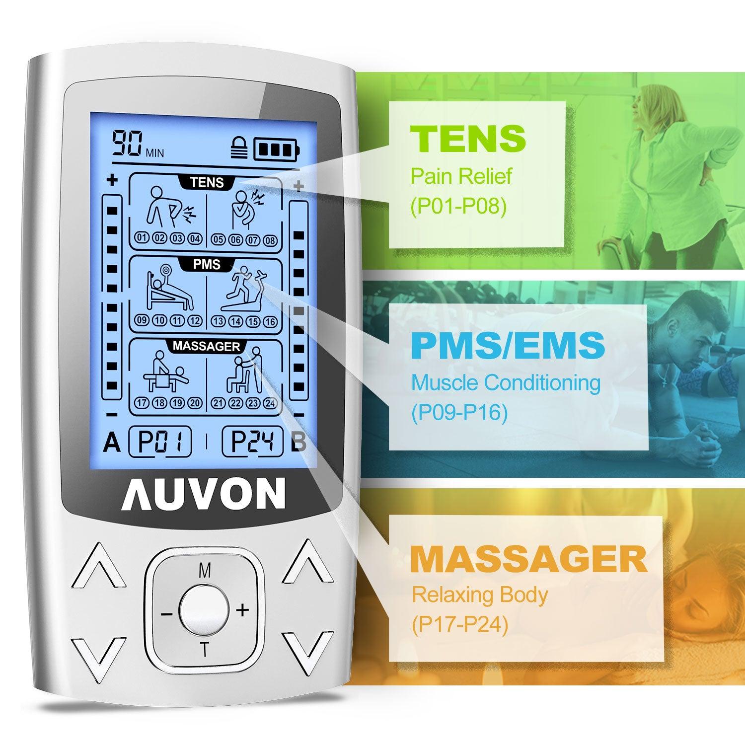 AUVON Dual Channel TENS EMS Unit 24 Modes Muscle Stimulator for Pain Relief & Muscle Strength for Tired and Sore Muscles - AUVON