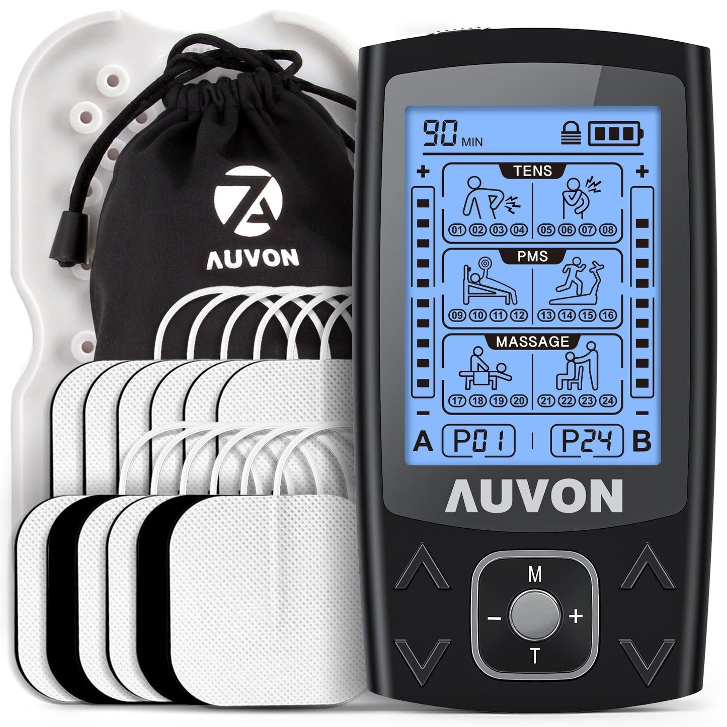 AUVON Dual Channel TENS EMS Unit 24 Modes Muscle Stimulator for Pain Relief, Rechargeable TENS Machine Massager with 12 Pads, ABS Pads Holder, USB Cable and Dust-Proof Storage Bag - AUVON
