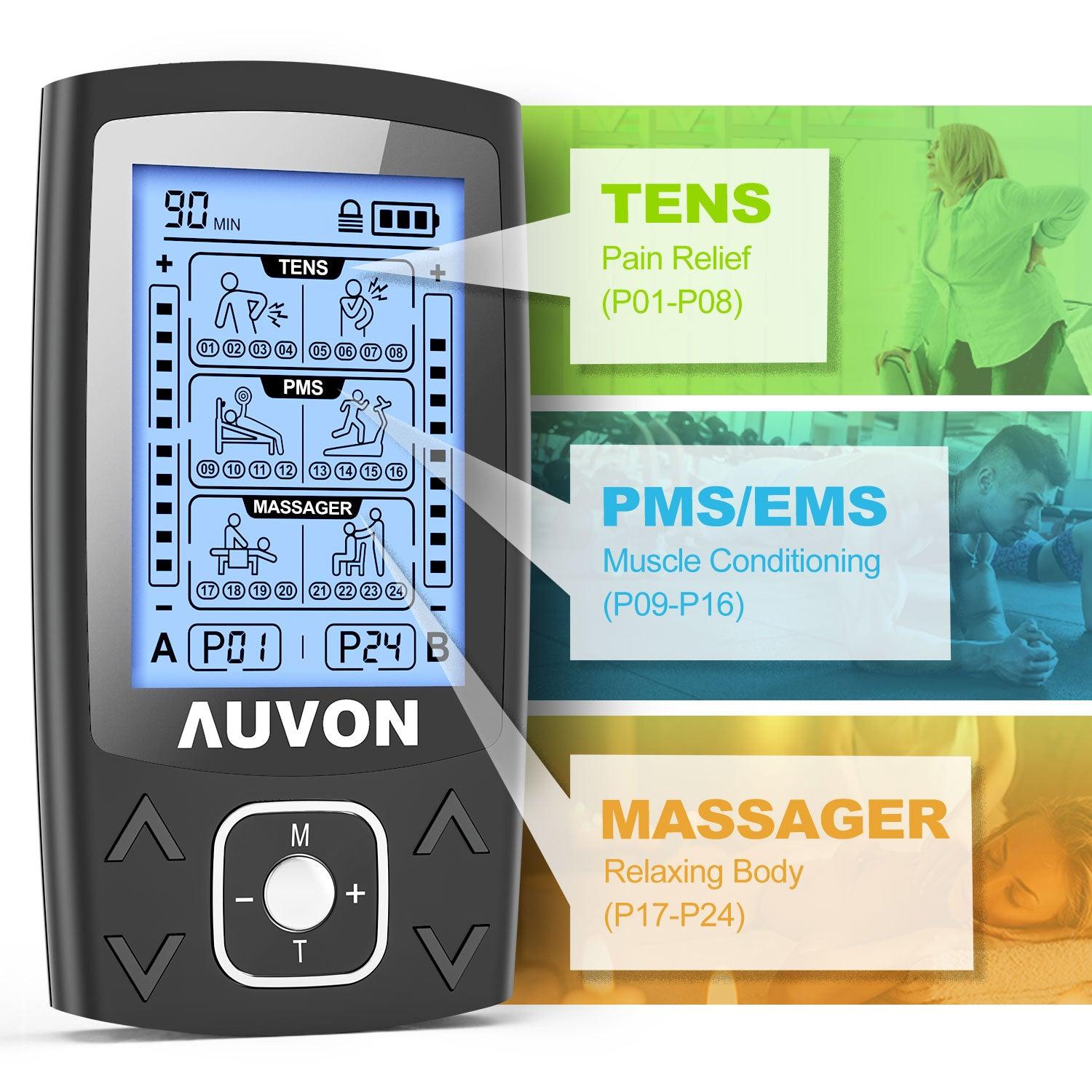 Auvon Dual Channel Tens Unit Muscle Stimulator Machine With 20 Modes for  sale online
