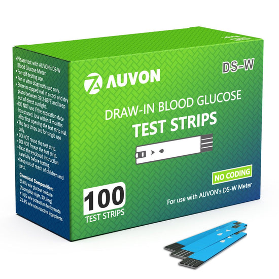 AUVON I-QARE DS-W Draw-in Blood Glucose Test Strips (100 Count) for use with AUVON DS-W Diabetes Sugar Testing Meter (No Coding Required, 2 Box of 50 Each) - AUVON