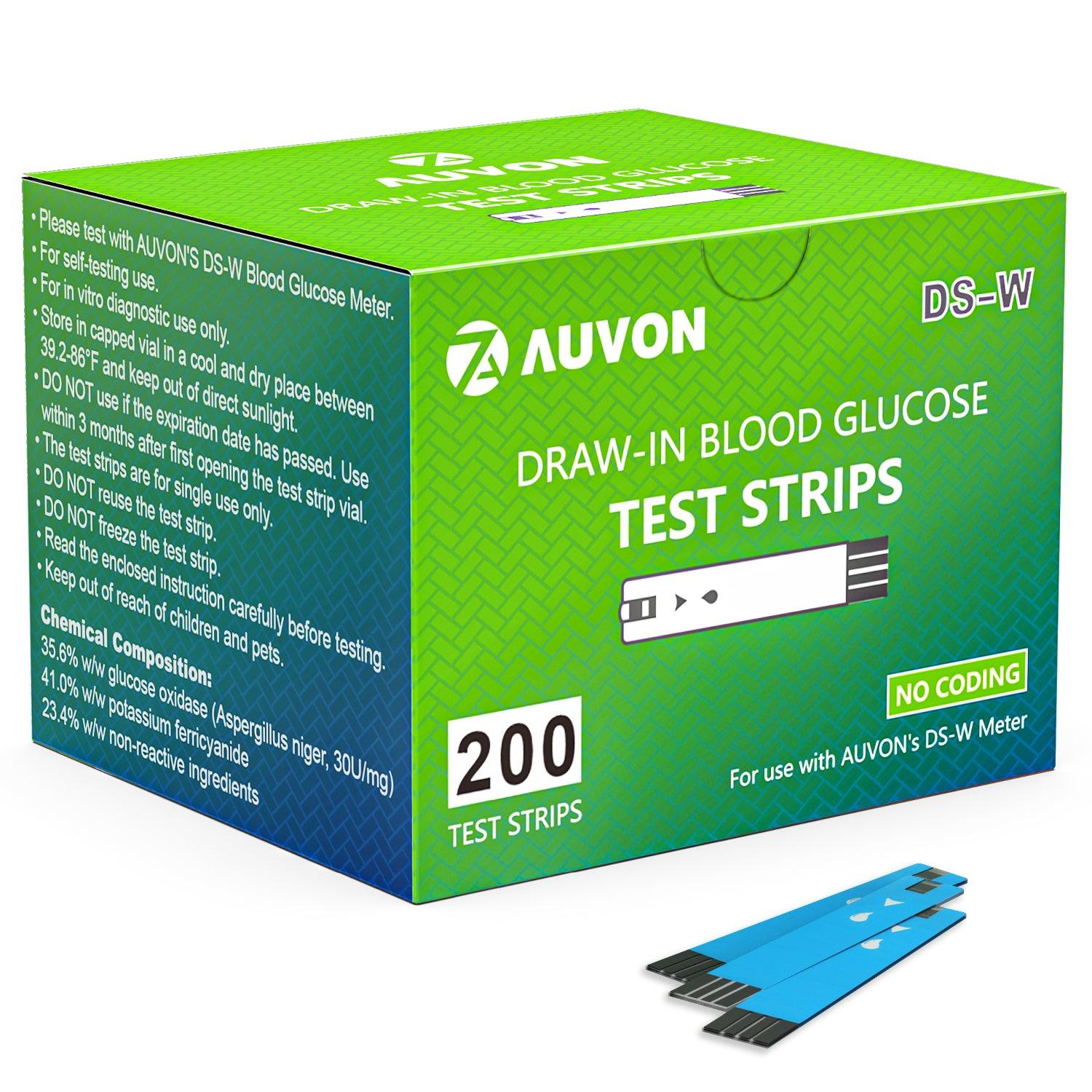 AUVON I-QARE DS-W Draw-in Blood Glucose Test Strips (200 Count) for use with AUVON DS-W Diabetes Sugar Testing Meter (No Coding Required, 4 Box of 50 Each) - AUVON