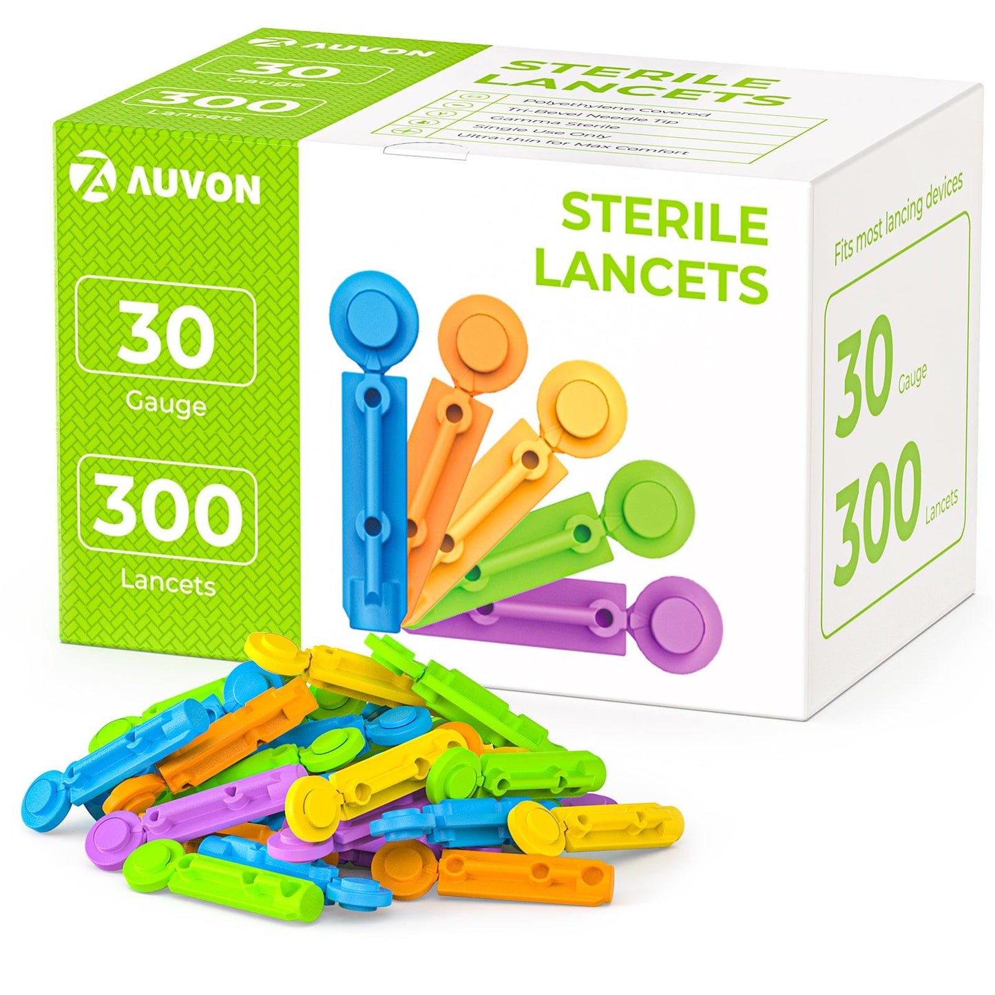 AUVON Lancets for Diabetes Blood Glucose Testing, Multicolored 30G 300 Count Diabetic Lancets for Less Pain, Universal Sterile Needles Fit Most Lancing Devices, Disposable Blood Sugar Lancets - AUVON