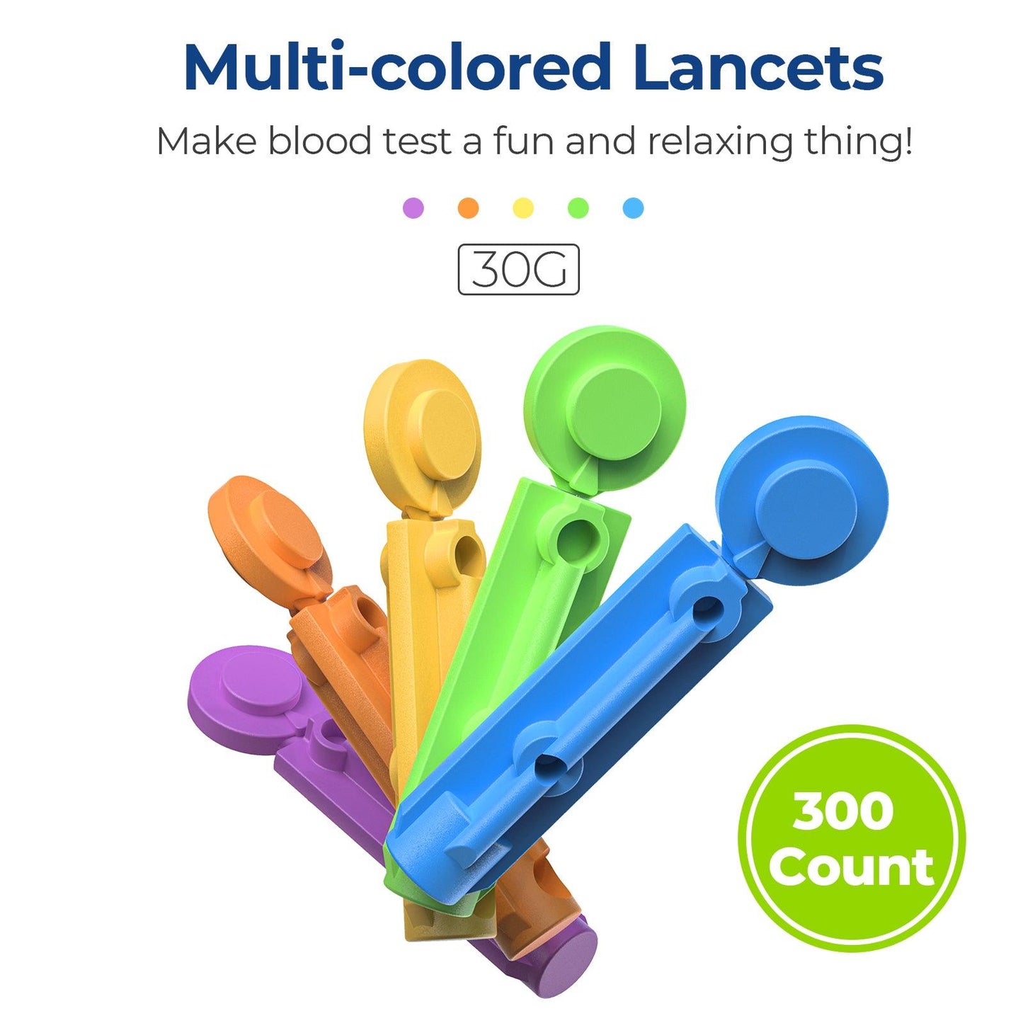 AUVON Lancets for Diabetes Blood Glucose Testing, Multicolored 30G 300 Count Diabetic Lancets for Less Pain, Universal Sterile Needles Fit Most Lancing Devices, Disposable Blood Sugar Lancets - AUVON