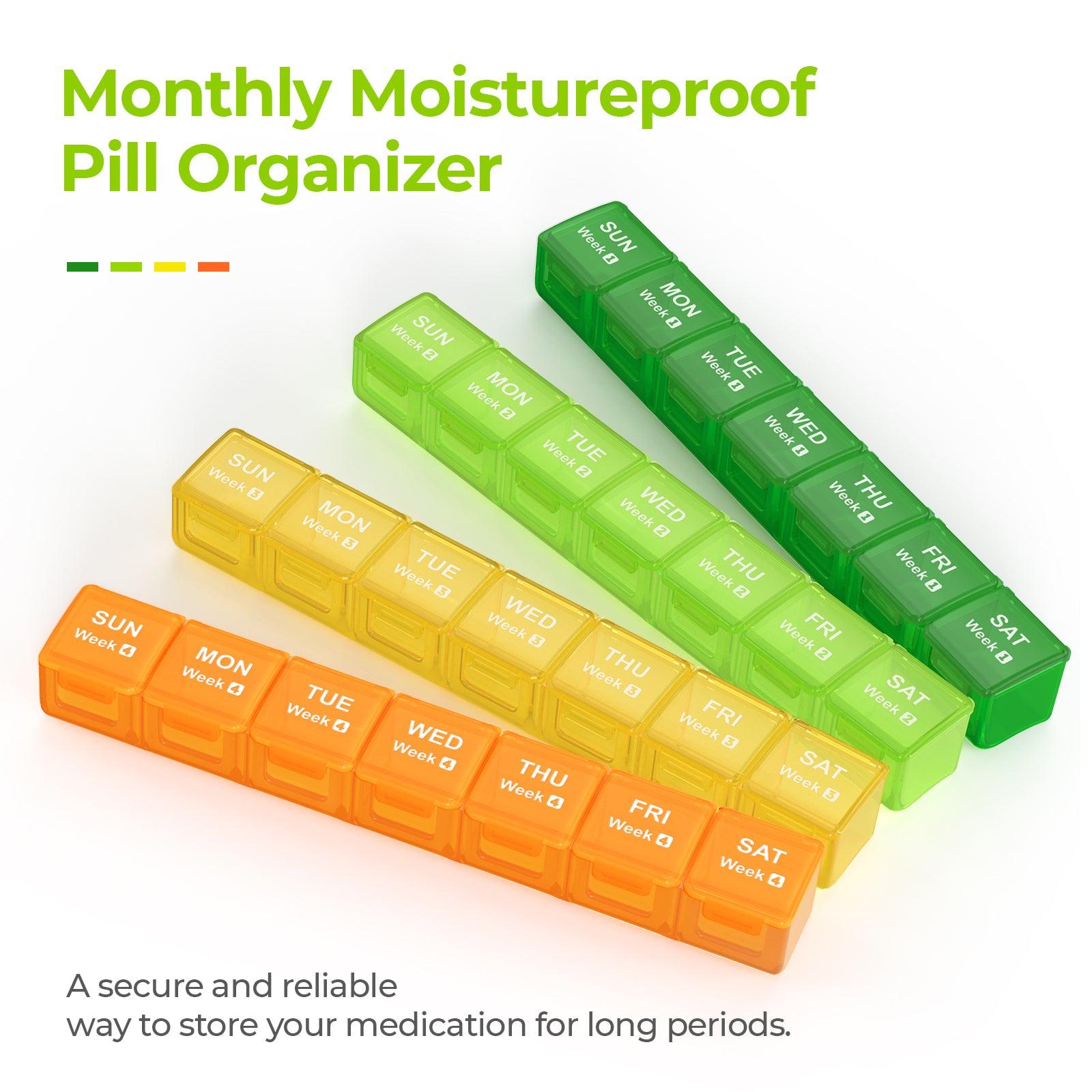 AUVON Moistureproof Monthly Pill Organizer, Travel-Friendly Weekly Pill Box with Removable 4 Weeks Pill Case Rows, Large 28 Days Pill Container for Fish Oils, Vitamins, Supplements and Medications - AUVON