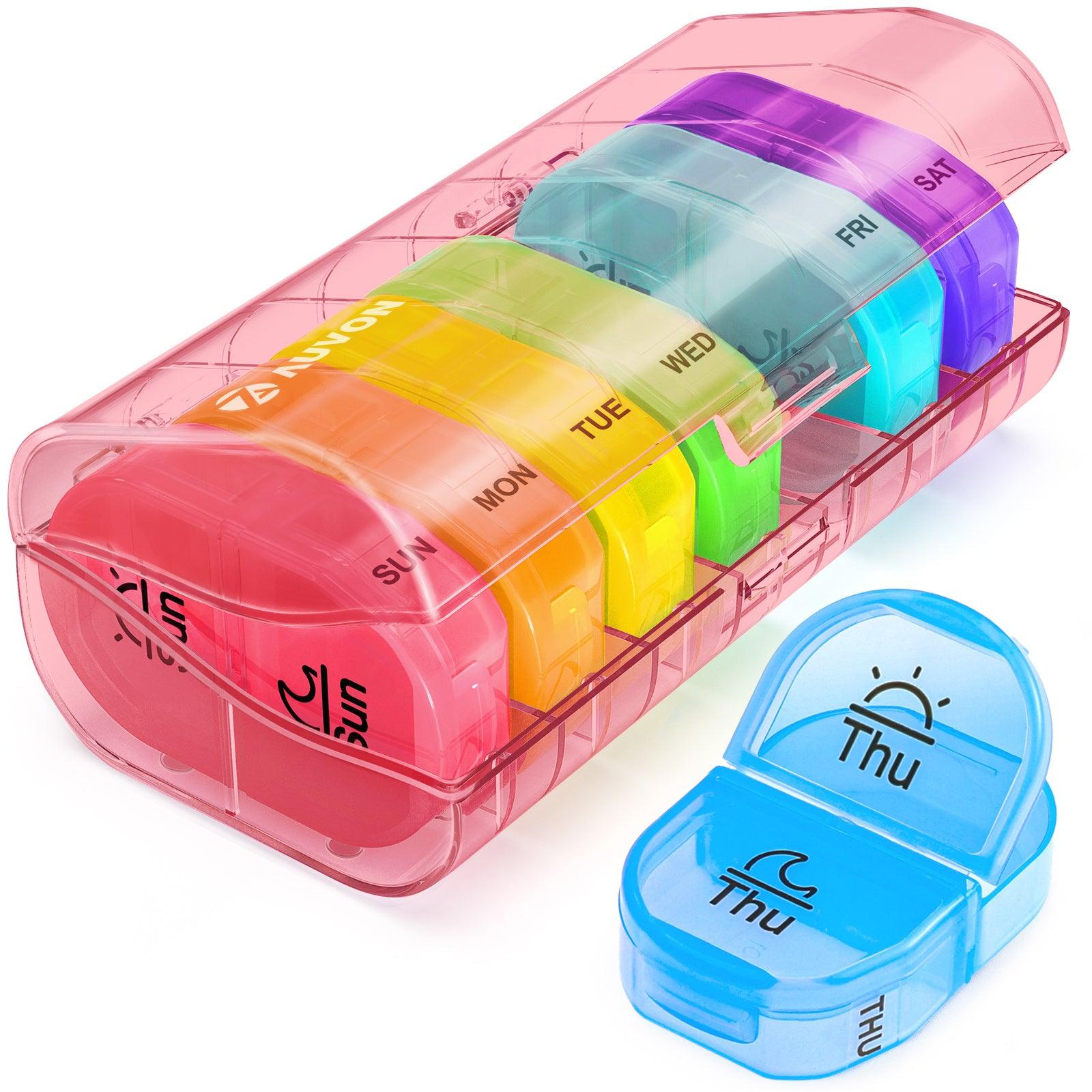 Portable Weekly 7-Day Pill Organizer, Travel Medicine Box, Rainbow Color,  BPA Free with Easy Push Button Design Case Holder for Pills, Vitamin