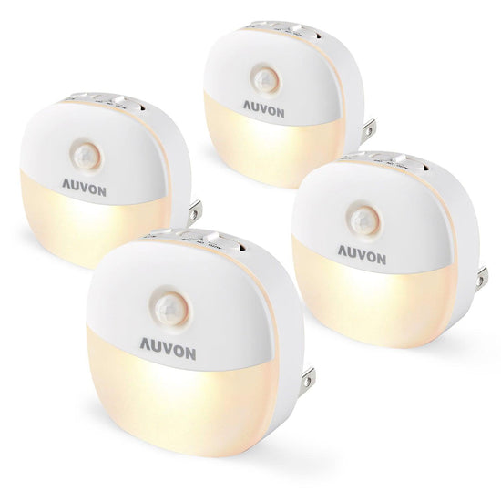 AUVON Plug-in LED Motion Sensor Night Light, Mini Warm White LED Nightlight with Dusk to Dawn Motion Sensor, Adjustable Brightness for Bedroom, Bathroom, Kitchen, Hallway, Stairs (4 Pack) - AUVON